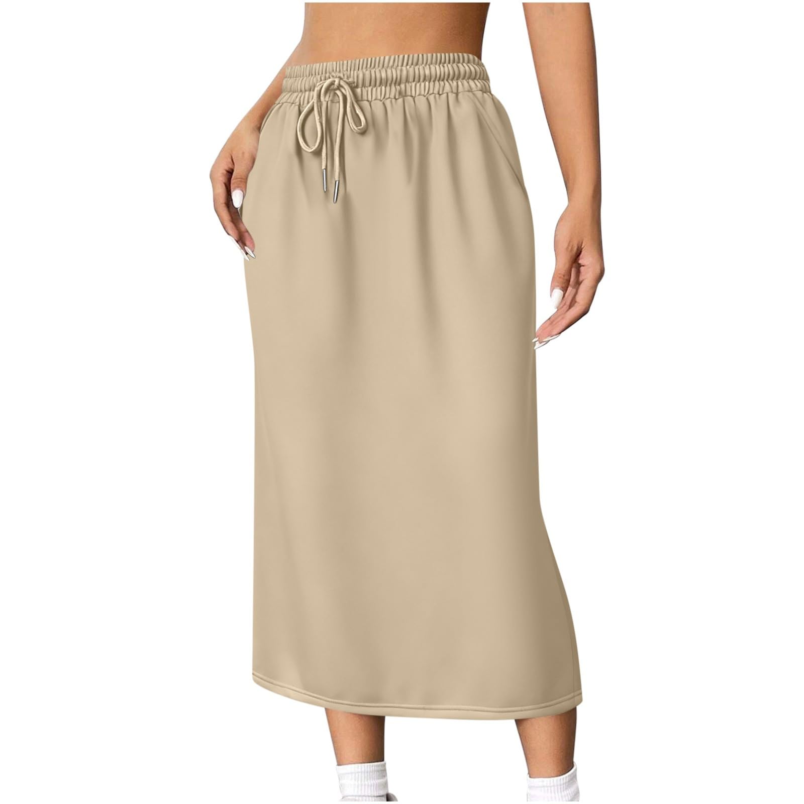 Womens Casual Skirts 2026 Trendy High Waisted Drawstring Midi Skirt with Pockets Solid Loose Skirts Outfits Clothes