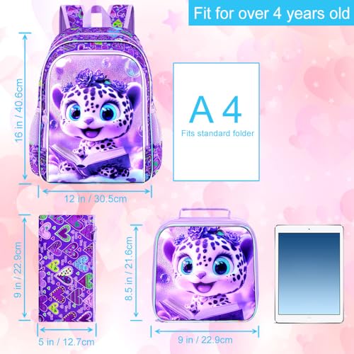 Image of CCJPX 16 inch Leopard Backpack for Girls, 3Pcs Kids Bookbag with Lunch Box, Water Resistant Elementary School Bag for Kindergarten Preschool Toddler (Purple)