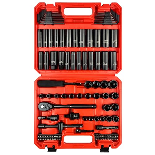 EACELIY 111PC 3/8”Socket Set,Drive Impact Socket Set, SAE/Metric, Deep & Shallow, Cr-V Steel,6 Point,8-22mm?5/16-3/4”with Adapters, 72T Ratchet Handle, Extension Bars?Bit Adapter