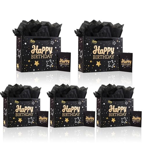 Image of 13 inch Black Happy Birthday Gift Bag with Tissue Paper and Greeting Card for Party,Happy Birthday Gift Bag for Men Women,Gift Bags Medium size(5 PCS Black Hot Stamping)