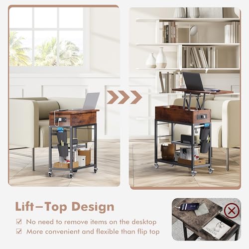 Image of Colima Lift Top End Table with Charging Station and Wheels (Rustic Wood) | Sofa Side Table with USB Port & AC Outlets, Movable Bedside Nightstand with Side Bag for Office Living Room Bedroom