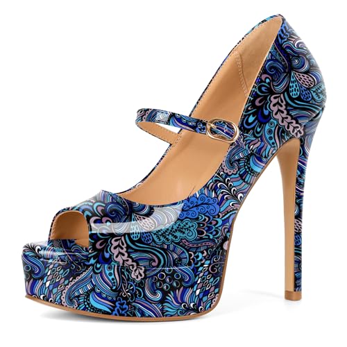 Image of SAMMITOP Women's Peep Toe High Heels Platform Stiletto Pumps Patent Mary Jane Heels 5.5 inch Party Wedding Dress Shoes