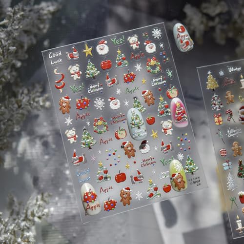 Image of Christmas Nail Stickers Decals Bear Nail Stickers for Nails Art Xmas Tree Nail Decals 5D Embossed Self Adhesive with Design Apple Nails Art Decals for Women Girls Kid Manicure DIY Decoration