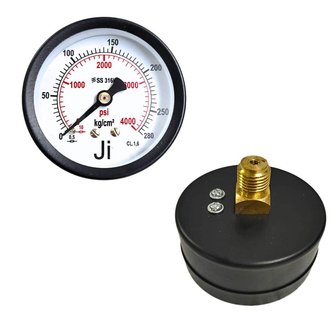 "Ji" Japsin Instrumentation Commercial Pressure Gauge, 2 1/2" Dial, Range 0-280 Kg/Cm2 with a dual scale of 4000 PSI, Direct Mounting Back Entry, 1/4" BSP Connection, MS Case & Brass Internal