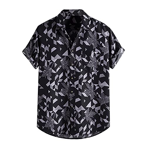 Mens Button Down Short Sleeve Shirt, Summer Fashion Casual Sports Hawaiian Beach Flower Shirt T-Shirt Short Sleeve Black