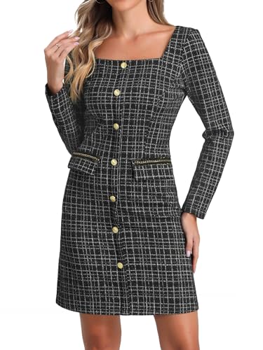 Allegra K Tweed-Kleid für Damen, lange Ärmel, quadratischer Ausschnitt, knielang, Schwarz , L