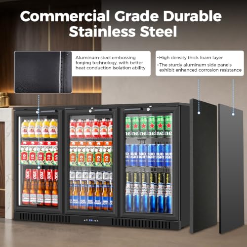Image of Back Bar Cooler with 3 Glass Door, 11.2 Cu.Ft Commercial Beverage Fridge, Under Counter Display Refrigerator with Safety Lock for Beer, Soda, Wine, Built-In /Freestanding for Bar Store Restaurant