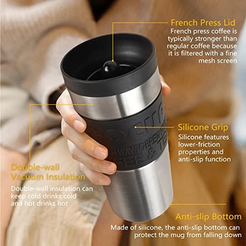 Opard French Press Travel Mug 360°Drinking Leakproof Lid Double-Walled Vacuum Insulated Stainless Steel Thermos Travel Mugs for Hot Drinks Men and Women (Black)