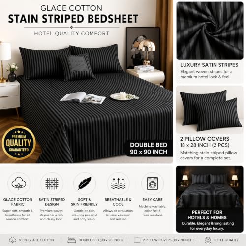 Image of Satin Striped Glace Cotton Double bedsheet with 2 Pillow Cover | Soft & Smooth Finish | Double Bed bedsheet 90 x 90 Inch | Pillow Cover 18 x 28 Inch | Breathable, Fade Resistant
