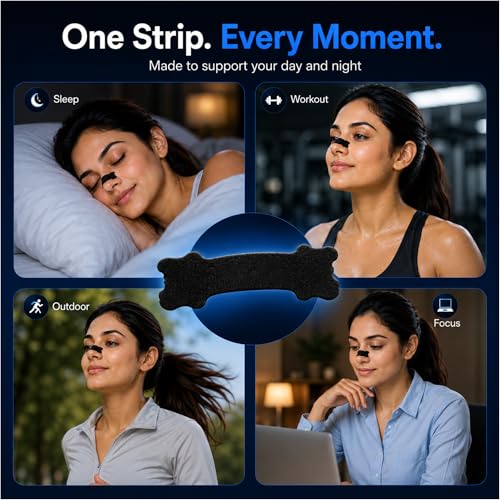 Image of Atovio BreatheX Nasal Strips for Snoring & Congestion Relief | CDSCO Licensed | Extra Strength Drug-Free Nasal Dilator | Sweat-Proof Adhesive | Instant Airflow for Sleep & Sports (Black, 20 Strips)