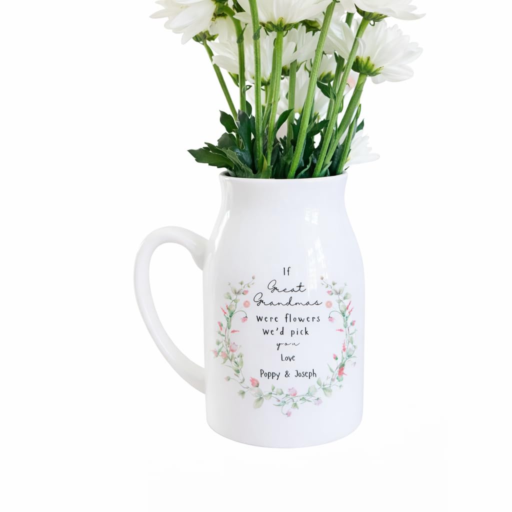Uniquepgifts Women's White Personalised Mothers Day Flower Jug, If Great Grandmas Were Flowers Small Vase, Floral Grandma Gifts, Keepsake For Granny, Nan, Nanny, Nana, Auntie - 12.5Cm High