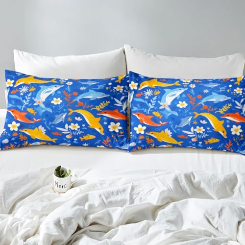 Image of jejeloiu Dolphin Bed Sheets Sets King Size Kids Boys Girls Ocean Bedding Set Sea World Bed Sheet Set with 16-Inch Deep Pockets Underwater Sea Animal 4Pcs with 2 Pillow Cases