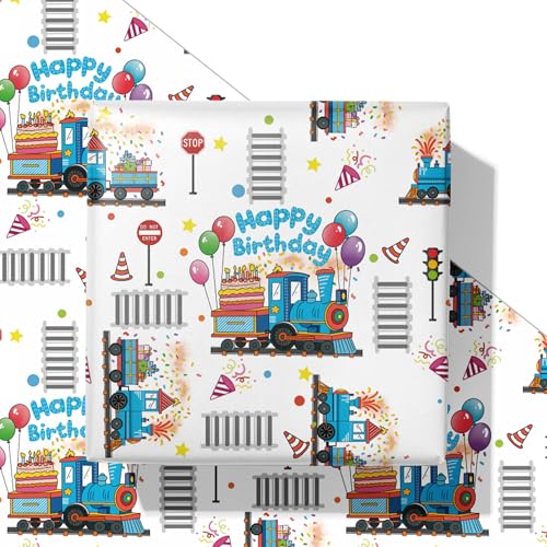 SaringSwoon Birthday Train Wrapping Paper for Boys Kid - White Gift Wrap With Train Happy Birthday Balloons Cake and Gifts Train Tracks for Baby Shower - 28x40 Inches 4 Folded Sheets