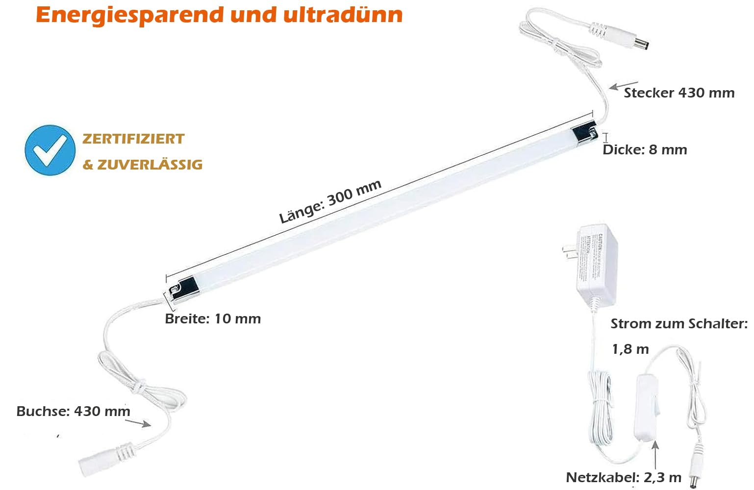 Cefrank Vitrinenbeleuchtung, 6x erweiterbare LED Lichtleisten 30cm - Küchen Unterbauleuchten Set - EU-Stecker - Weiß