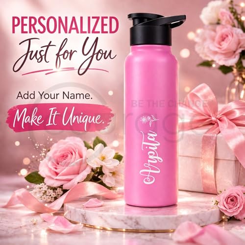 Image of COURAGE Stainless Steel Customize Sipper Water Bottle 1Liter Leak Proof for Fridge Home Office Travel School Kids Boys Girls Adults Sports Gym Yoga - Light Pink