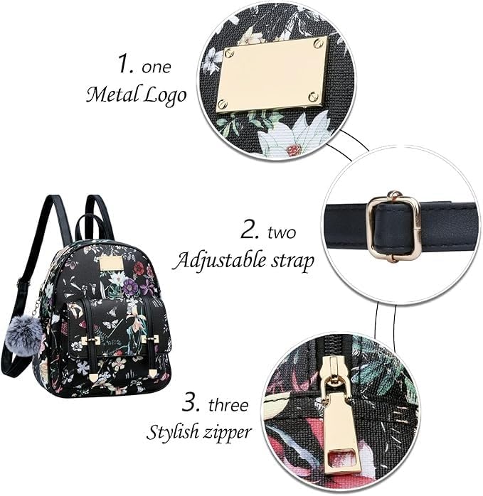 Bizanne Fashion Cute Pompom Hanging Backpack for Women | Backpack For Girls | Gift For Girls | Rakhi Gift For Sister | Diwali |Wife | Travel | Office | Birthday | Gift | Branded (Black Flower) 3