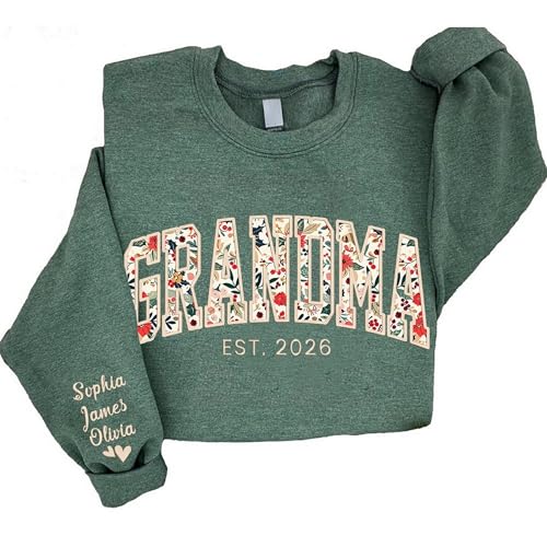 Custom Embroidered Grandma Floral Shirt with Names on Sleeve, Personalized Grandma Gift, Custom Floral Crewneck Sweatshirt for Grandmas Birthday Christmas, Mothers Day, Grandmother Gift