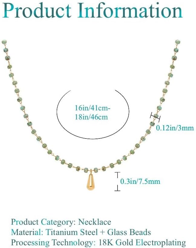 Retro Minimalist Niche Blue-Green Glass Beads Water Droplet Pendant Necklace Choker Chain Titanium Steel 18K Gold Plated Women's Necklace