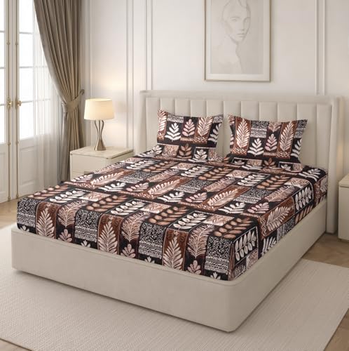 Image of RD TREND Premium Soft Cloud Cotton Floral Bedsheet for Double Bed | Size-90x90 Inches Queen Bedsheets with 2 Matching Pillow Covers (18x28 Inch) Dark Brown