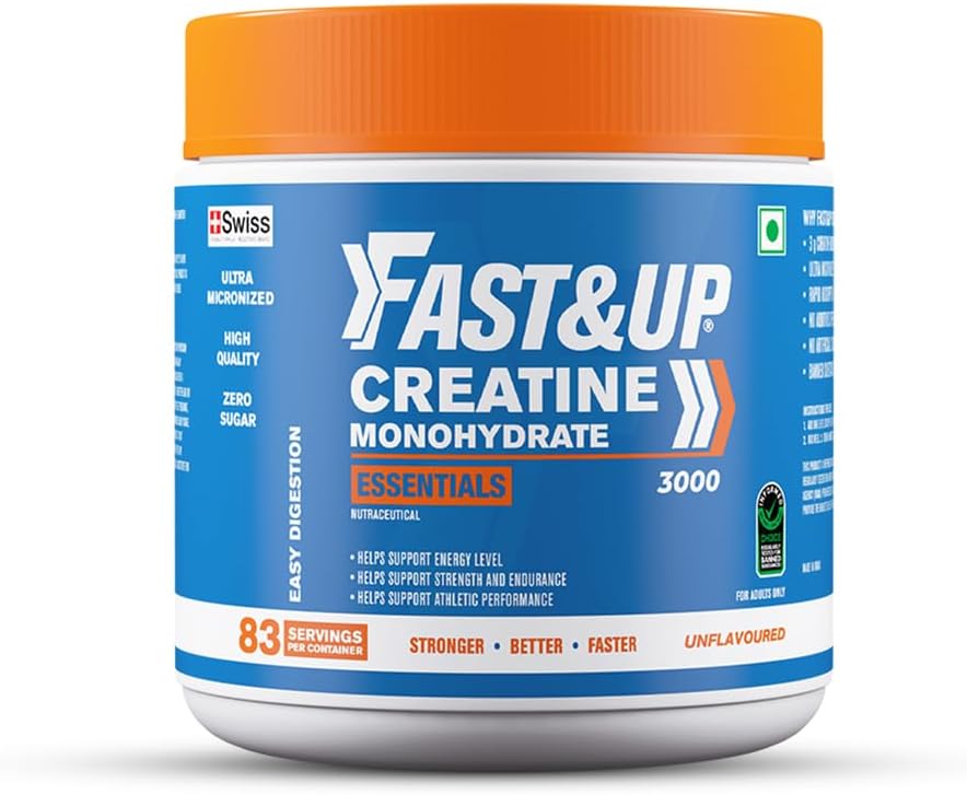 FAST&UP Creatine Monohydrate Powder Pure Micronized Creatine Supplement for Muscle Growth, Strength & Recovery Unflavoured Creatine Powder, (83 Servings) Blue 250 gms