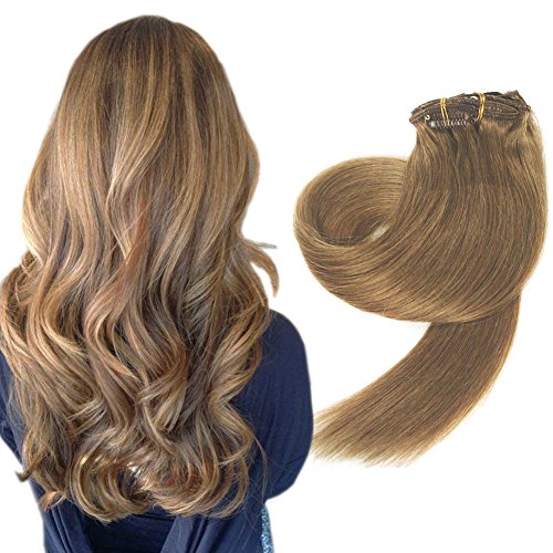 Komfami Remy Haarverlängerung Clip in Haarverlängerung Echthaar Echtes Haar 100 Gramm (50cm, 12 Goldbraun) Cover