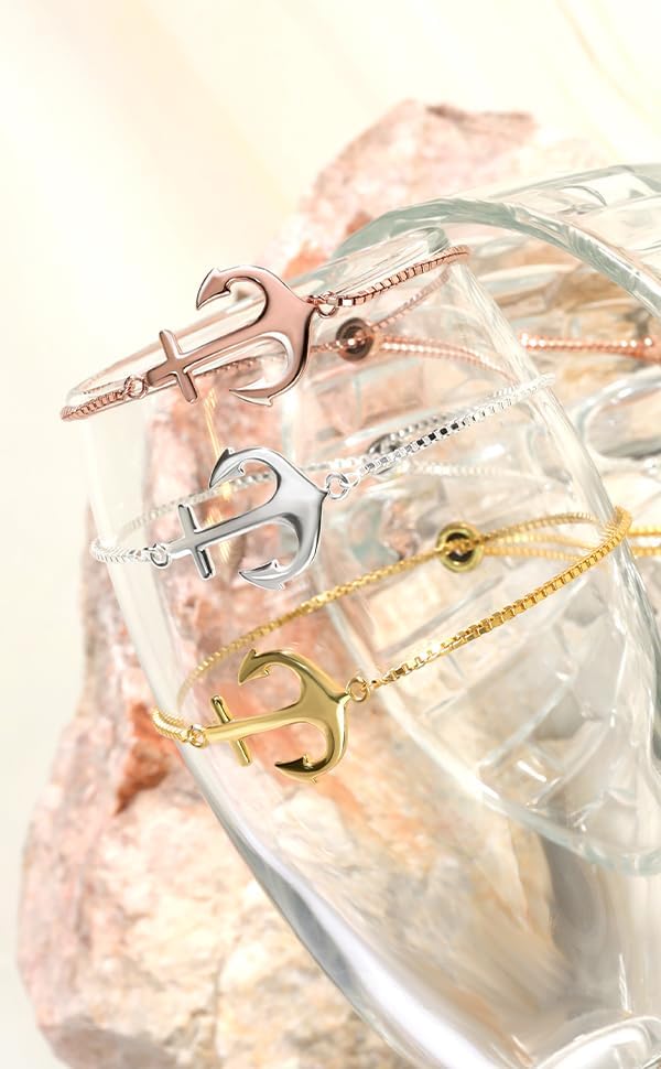Hoops & Loops 925 Sterling Silver Sailor Anchor High Polished Hypoallergenic Anti-Tarnish Adjustable Bracelet for Women Men, Silver, Yellow Gold & Rose Gold - Image 5