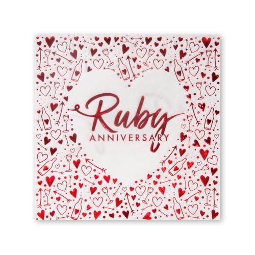 Anniversary House Ruby 40th Anniversary Lunch Napkins | Pack of 16 | 3 ply | 33 x 33cm | Foil Stamped | Table Decoration Ruby Anniversary Decoration Disposable Party Serviettes Napkins J043