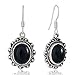 925 Oxidized Sterling Silver Black Onyx Gemstone Oval Rope Edge Vintage Dangle Earrings 1.4"
