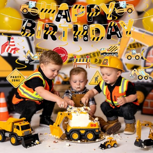 Image of Hooqict Happy Birthday Banner Construction Birthday Party Supplies with Vehicle Truck Hanging Swirls Ceiling Streamers for Kids Boys 1st 2nd 3rd Construction Excavator Tractor Birthday Party Decorations