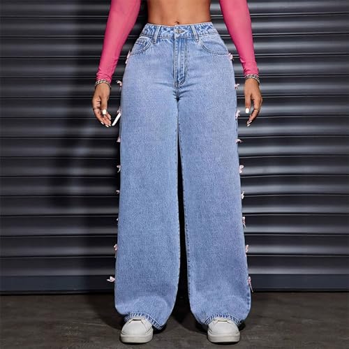 Oplxuo Cute Jeans for Women Girls 3D Bows Denim Pants Y2K High Waisted Straight Leg Baggy Jeans Casual Preppy Clothes2