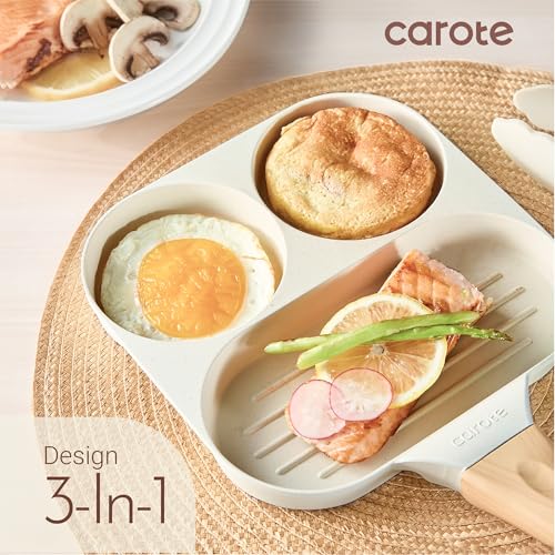 CAROTE Egg Pan Omelette Pan, 3-In-1 Divided Nonstick Grill Pan, Pancake Pan and Healthy Egg CookerSuitable for Gas Stove & Induction Cookware, White Granite