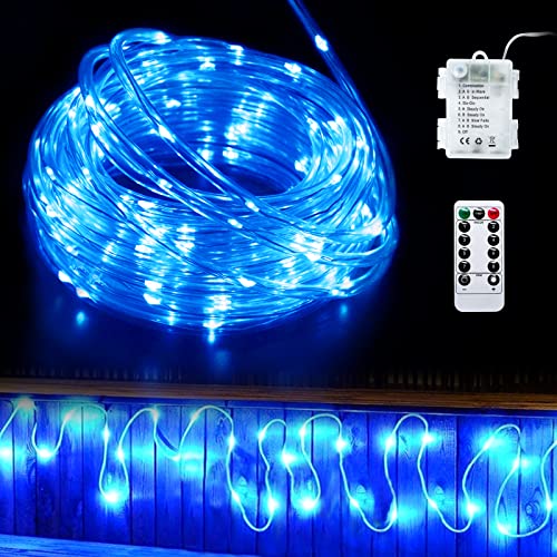 JMEXSUSS Blue Rope Lights Battery Operated Rope Lights Outdoor Waterproof, 33 ft 100 LED Rope Lights with Remote Control, 8 Modes Battery Operated String Lights for Bedroom Balcony Garden Patio Decor