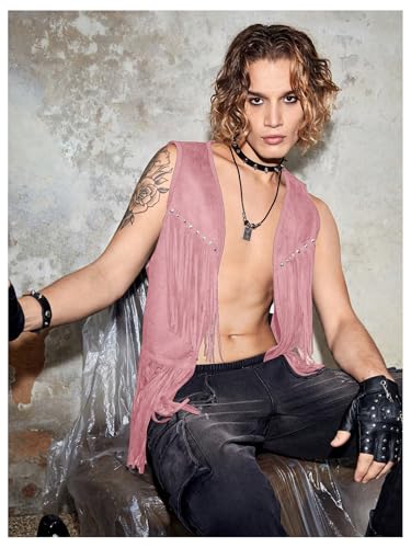 Image of Verdusa Men's Sleeveless V Neck Studded Detail Fringe Trim Open Front Vest Jacket Pink Small
