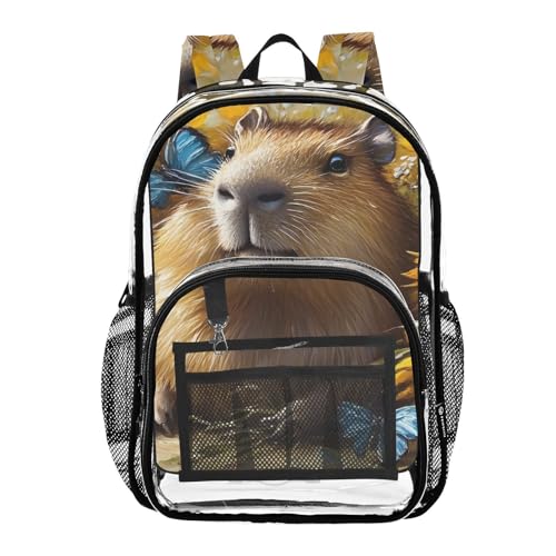 Capybara Sunflower Cute Clear Backpack, PVC Transparent Bag with Large Capacity for Boys, Girls, Men, Women, See Through Bookbag for School Work College Travel