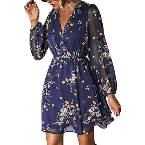 Vestido de verano para mujer, elegante, bohemio, floral, largo hasta la rodilla, muselina, vestido de blusa, carmen aireado, manga 3/4, cuello en V, vestido corto, túnica, vestido de verano, Azul D.,