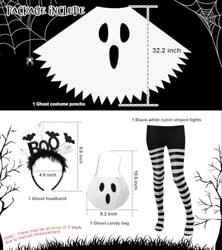 4 Pcs Ghost Costume Adult with Accessories,Ghost Costume Women Poncho/Bag/Headband/Tights Halloween Cosplay4