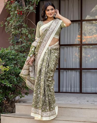 Image of SIRIL Women's Cotton Printed Saree with Unstitched Blouse Piece