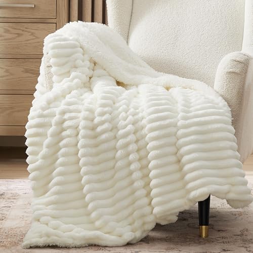 Bedsure Sherpa Throw Blanket for Couch - Super Soft Cozy Fleece Thick Warm Blanket for Winter, Plush White Throw Gift for Women, 50x60 Inches