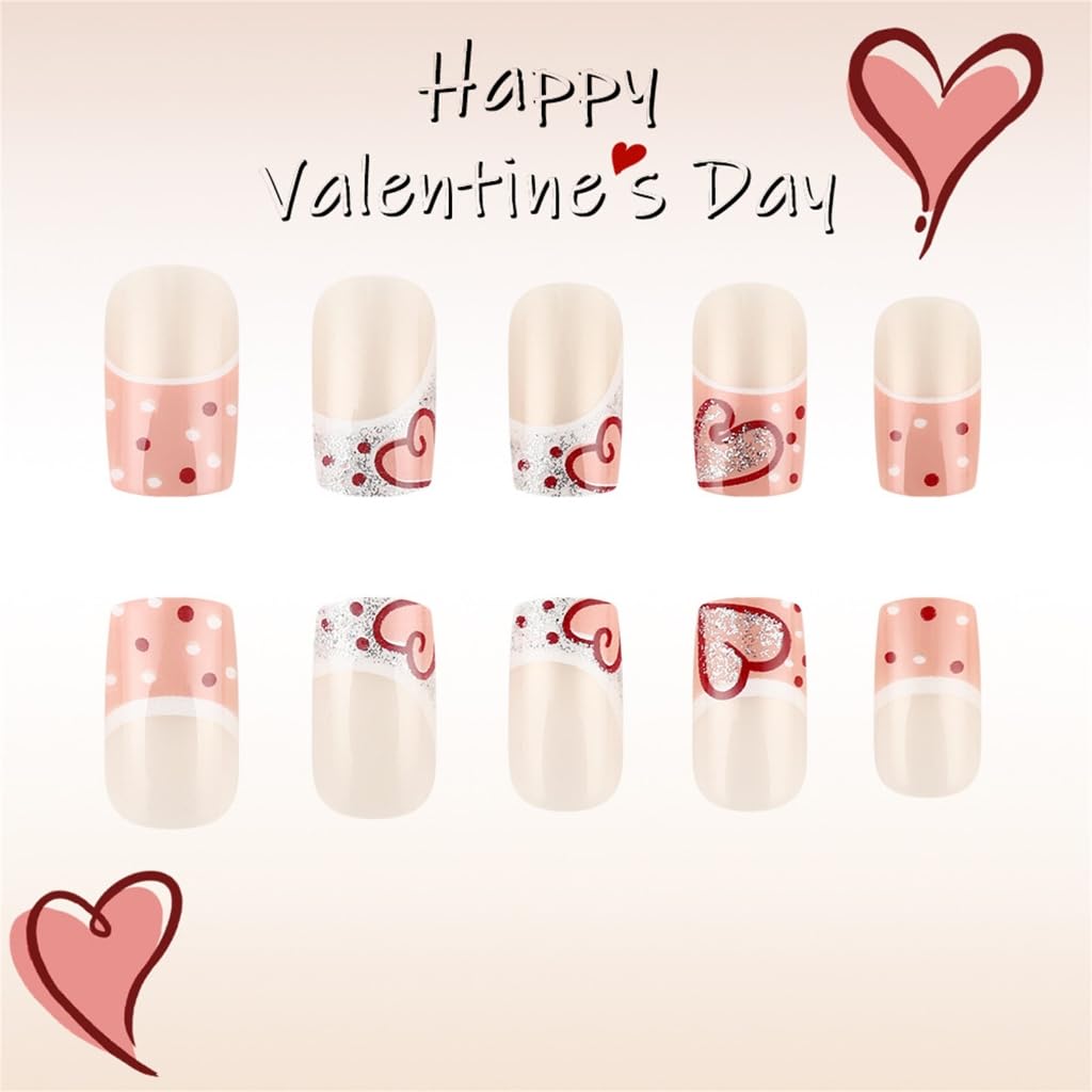 24 Pieces Short Square Valentine's Day French Tip Love Heart Glitters False Nails for Women Manicure