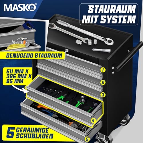 MASKO® Carro de taller - 5 cajones, con cerradura | Metal macizo | Carro de herramientas móvil sin herramientas | Carro de taller profesional sin equipamiento | Carro con ruedas para almacenamiento de - imagen 4