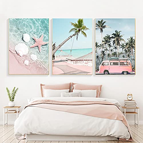 3 Stuk Roze Strand Palm Tree Canvas Schilderij Muur Art voor Woonkamer Meisjes Slaapkamer Badkamer Plant Foto's Dorm… - Afbeelding 7