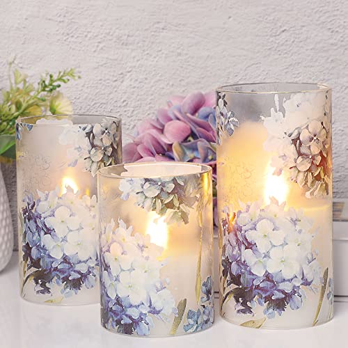 Image of Hydrangea Flameless Candles with Remote Blinks Glass Real Wax LED Candles - Home Party Wedding Romantic Love Theme Summer Holiday Decor - Set of 3