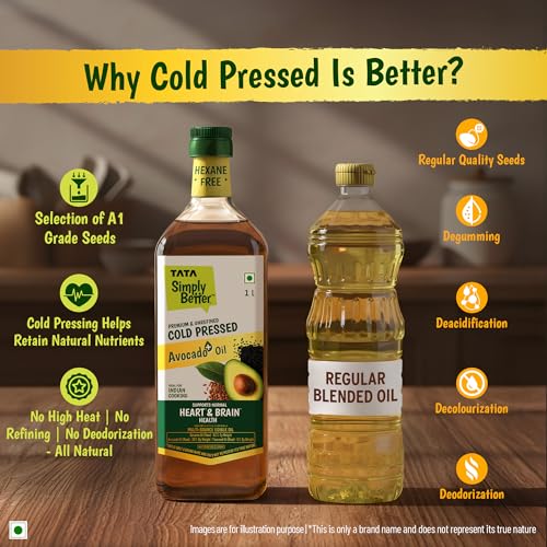 Image of Tata Simply Better Avocado+ Blended Oil for Indian Cooking, Premium & Unrefined, 1L, Cold Pressed, Hexane Free, Blend of Avocado, Sesame & Flaxseed Oil, Rich in Omega-3 & ALA, Supports Normal Heart & Brain Health