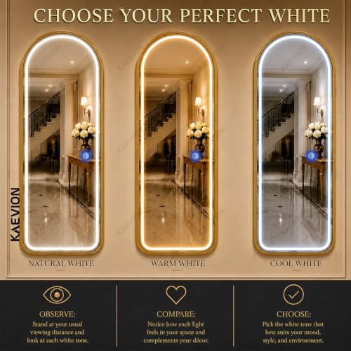Image of 5 x 2 ft Arched Full-Length LED Mirror 5mm Glass, 3-in-1 Dimmable LED Light, Smart Touch Sensor, Gold Metal Frame Vanity Standing Mirror for Bedroom, Living Room & Dressing Room