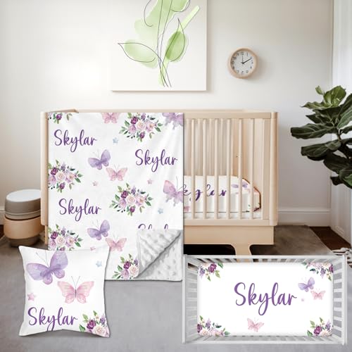 Personalized 3 Piece Baby Crib Bedding Set for Girls, Newborn Baby Toddler Nursery Pink Purple Butterfly Set with Blanket, Fitted Sheet, Pillowcase, Custom Name Gifts for Girls