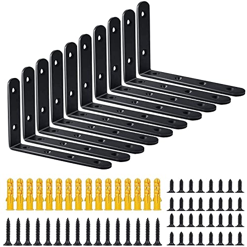 DMSL Soporte de Pared Estante 10 Piezas, Balda Flotante Soporte de Metal para Estante, Baldas y Estanterias Soporte en Ángulo Recto Bricolaje Industrial Negro 125 * 75 mm Cover