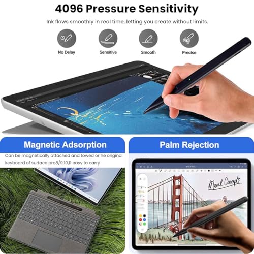 Image of Surface Pen Pencil Slim Pen 2 Stylus for Microsoft Surface Pro 11 /10 /9 /8 /7 /6 /X /Book with Palm Rejection,Tilt Sensitivity,4096 Pressure Sensitivity,Magnetic Attachment,Erase&Right Click,Black