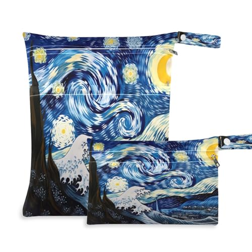 ATTX Big Wave Wet Dry Bags 2-Pack - Reusable Cloth Diaper Storage for Travel, Beach & Gym | Multi-Use Waterproof Bags for Swimsuits, Baby Clothes, Sports Gear#182