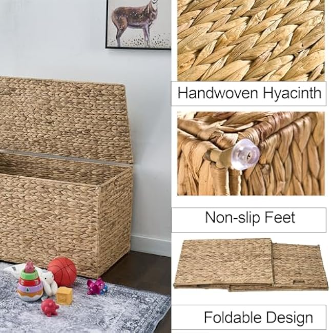 Water Hyacinth Storage Basket with Lid, 42.3 Gallon (160L) Wicker Storage Trunk with Handles, Handwoven Wicker Storage Bin for Blanket, Foldable, for Living Room, Laundry Room, Natural