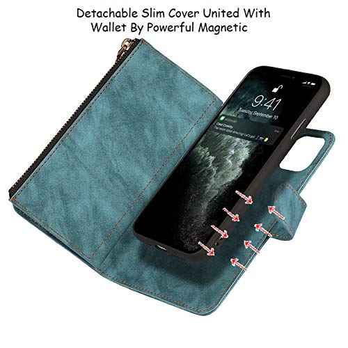 Jaorty Wallet Case Compatible with iPhone 11 Pro Max,[6 Card Slots] [Wrist Strap] [Stand Feature] Detachable 2 in 1 Magnetic Zipper Leather Slim Cover Case for iPhone 11 Pro Max,6.5 inch Blue - Thumbnail 2